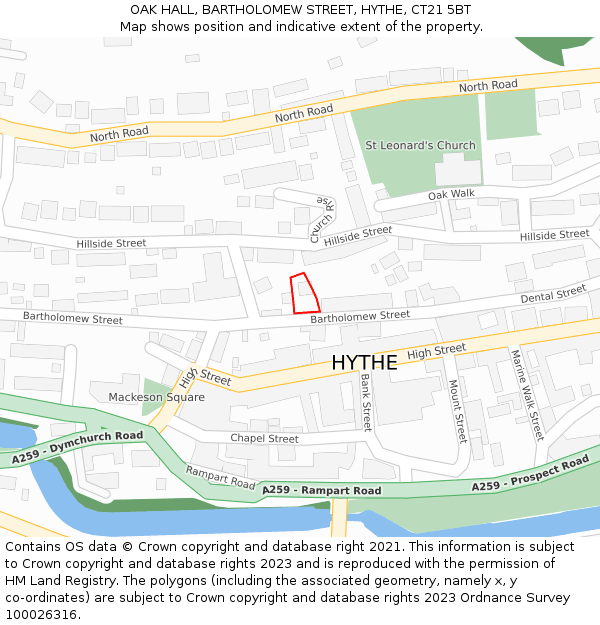 OAK HALL, BARTHOLOMEW STREET, HYTHE, CT21 5BT: Location map and indicative extent of plot