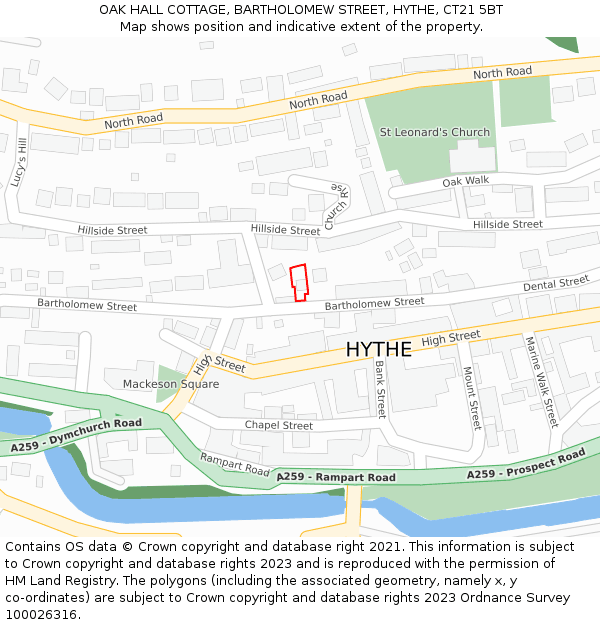 OAK HALL COTTAGE, BARTHOLOMEW STREET, HYTHE, CT21 5BT: Location map and indicative extent of plot