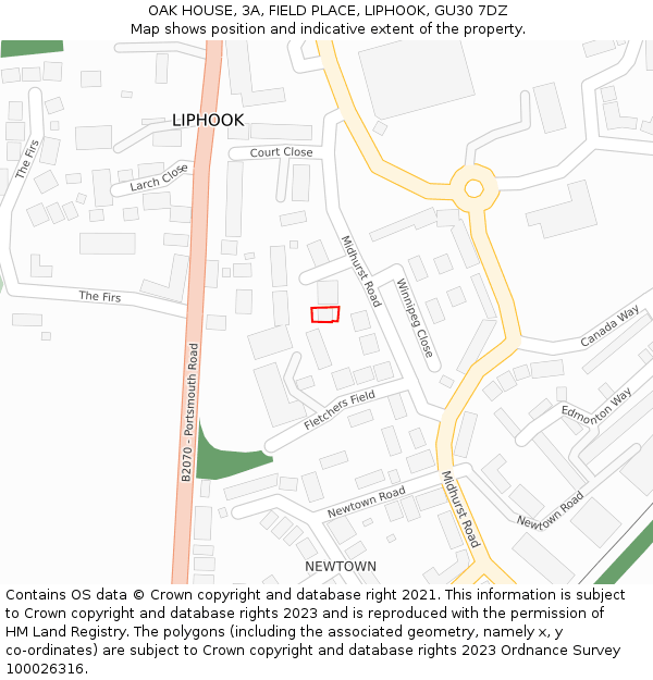 OAK HOUSE, 3A, FIELD PLACE, LIPHOOK, GU30 7DZ: Location map and indicative extent of plot