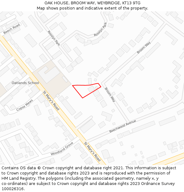 OAK HOUSE, BROOM WAY, WEYBRIDGE, KT13 9TG: Location map and indicative extent of plot