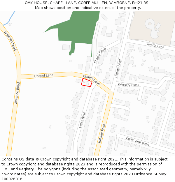 OAK HOUSE, CHAPEL LANE, CORFE MULLEN, WIMBORNE, BH21 3SL: Location map and indicative extent of plot