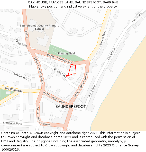 OAK HOUSE, FRANCES LANE, SAUNDERSFOOT, SA69 9HB: Location map and indicative extent of plot