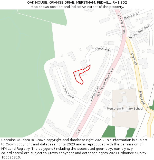 OAK HOUSE, GRANGE DRIVE, MERSTHAM, REDHILL, RH1 3DZ: Location map and indicative extent of plot