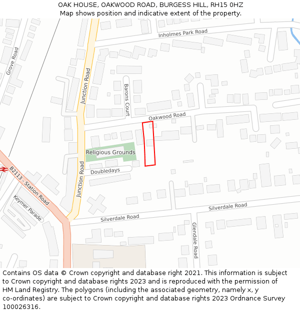 OAK HOUSE, OAKWOOD ROAD, BURGESS HILL, RH15 0HZ: Location map and indicative extent of plot