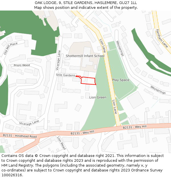 OAK LODGE, 9, STILE GARDENS, HASLEMERE, GU27 1LL: Location map and indicative extent of plot