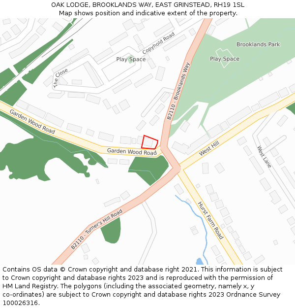 OAK LODGE, BROOKLANDS WAY, EAST GRINSTEAD, RH19 1SL: Location map and indicative extent of plot