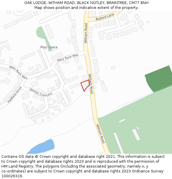 OAK LODGE, WITHAM ROAD, BLACK NOTLEY, BRAINTREE, CM77 8NH: Location map and indicative extent of plot
