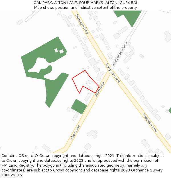 OAK PARK, ALTON LANE, FOUR MARKS, ALTON, GU34 5AL: Location map and indicative extent of plot