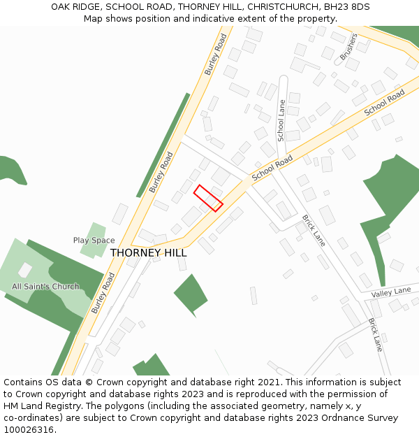 OAK RIDGE, SCHOOL ROAD, THORNEY HILL, CHRISTCHURCH, BH23 8DS: Location map and indicative extent of plot