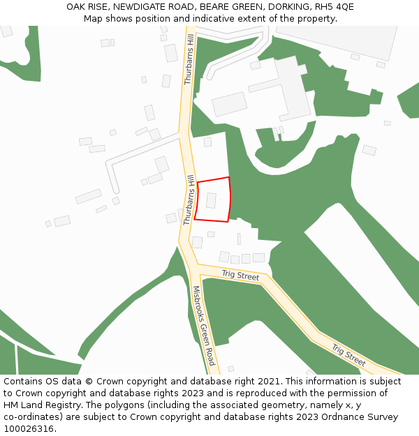 OAK RISE, NEWDIGATE ROAD, BEARE GREEN, DORKING, RH5 4QE: Location map and indicative extent of plot