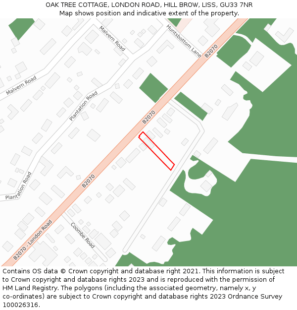 OAK TREE COTTAGE, LONDON ROAD, HILL BROW, LISS, GU33 7NR: Location map and indicative extent of plot