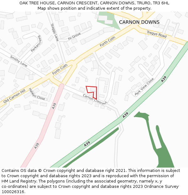 OAK TREE HOUSE, CARNON CRESCENT, CARNON DOWNS, TRURO, TR3 6HL: Location map and indicative extent of plot