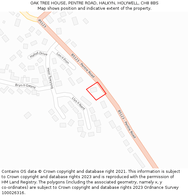 OAK TREE HOUSE, PENTRE ROAD, HALKYN, HOLYWELL, CH8 8BS: Location map and indicative extent of plot