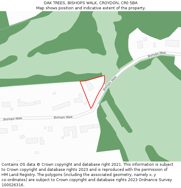 OAK TREES, BISHOPS WALK, CROYDON, CR0 5BA: Location map and indicative extent of plot