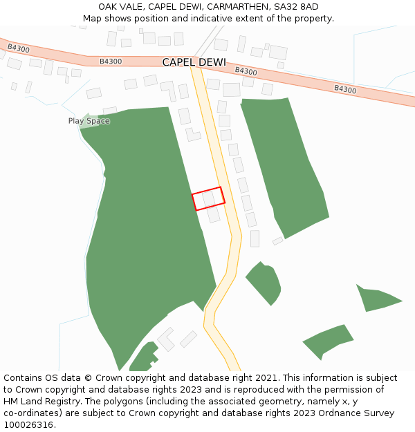 OAK VALE, CAPEL DEWI, CARMARTHEN, SA32 8AD: Location map and indicative extent of plot