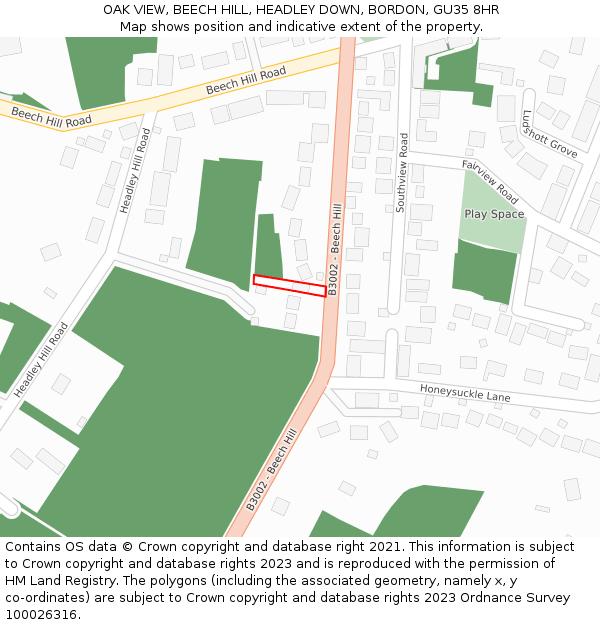 OAK VIEW, BEECH HILL, HEADLEY DOWN, BORDON, GU35 8HR: Location map and indicative extent of plot