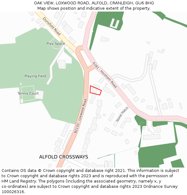 OAK VIEW, LOXWOOD ROAD, ALFOLD, CRANLEIGH, GU6 8HG: Location map and indicative extent of plot