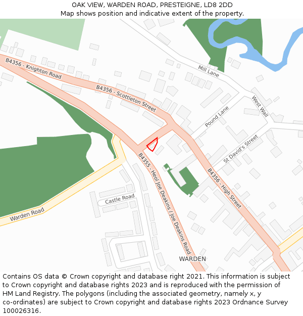 OAK VIEW, WARDEN ROAD, PRESTEIGNE, LD8 2DD: Location map and indicative extent of plot