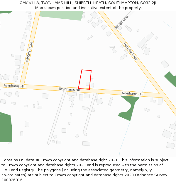 OAK VILLA, TWYNHAMS HILL, SHIRRELL HEATH, SOUTHAMPTON, SO32 2JL: Location map and indicative extent of plot