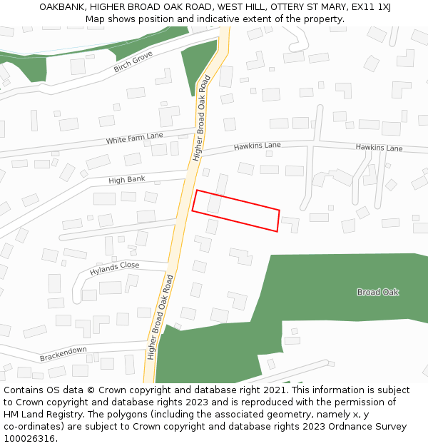 OAKBANK, HIGHER BROAD OAK ROAD, WEST HILL, OTTERY ST MARY, EX11 1XJ: Location map and indicative extent of plot
