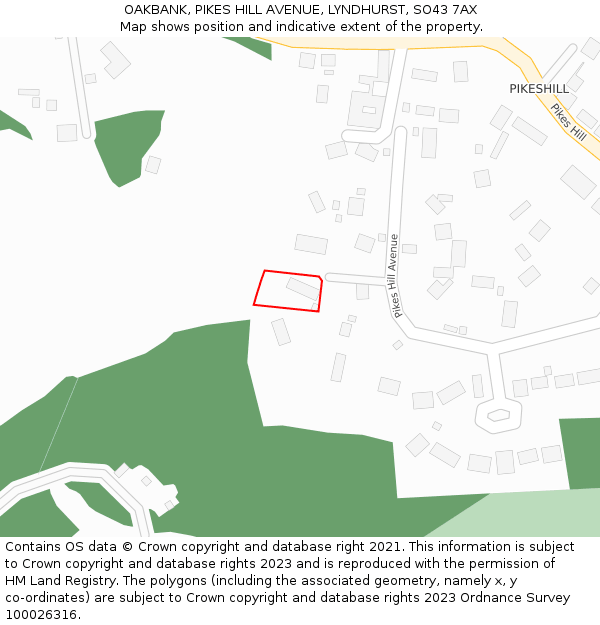 OAKBANK, PIKES HILL AVENUE, LYNDHURST, SO43 7AX: Location map and indicative extent of plot