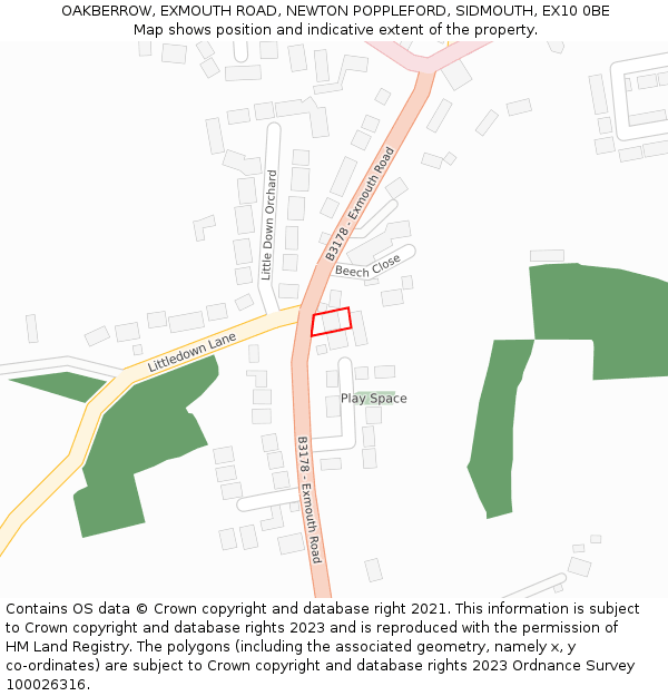 OAKBERROW, EXMOUTH ROAD, NEWTON POPPLEFORD, SIDMOUTH, EX10 0BE: Location map and indicative extent of plot