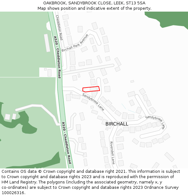 OAKBROOK, SANDYBROOK CLOSE, LEEK, ST13 5SA: Location map and indicative extent of plot