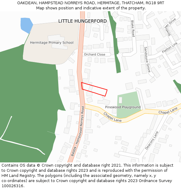 OAKDEAN, HAMPSTEAD NORREYS ROAD, HERMITAGE, THATCHAM, RG18 9RT: Location map and indicative extent of plot