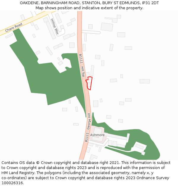 OAKDENE, BARNINGHAM ROAD, STANTON, BURY ST EDMUNDS, IP31 2DT: Location map and indicative extent of plot