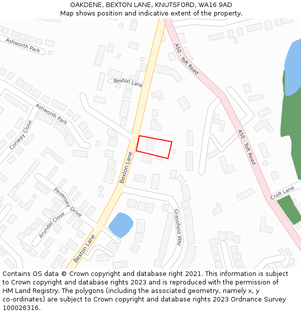 OAKDENE, BEXTON LANE, KNUTSFORD, WA16 9AD: Location map and indicative extent of plot