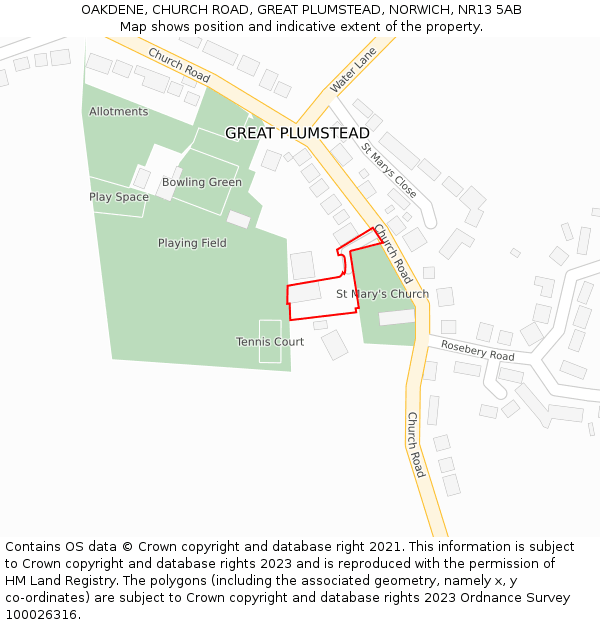 OAKDENE, CHURCH ROAD, GREAT PLUMSTEAD, NORWICH, NR13 5AB: Location map and indicative extent of plot