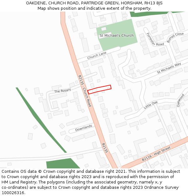 OAKDENE, CHURCH ROAD, PARTRIDGE GREEN, HORSHAM, RH13 8JS: Location map and indicative extent of plot