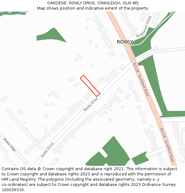 OAKDENE, ROWLY DRIVE, CRANLEIGH, GU6 8PJ: Location map and indicative extent of plot