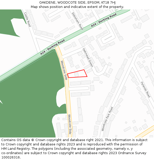 OAKDENE, WOODCOTE SIDE, EPSOM, KT18 7HJ: Location map and indicative extent of plot