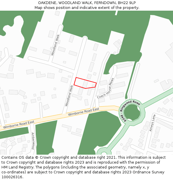 OAKDENE, WOODLAND WALK, FERNDOWN, BH22 9LP: Location map and indicative extent of plot