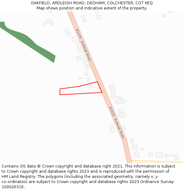 OAKFIELD, ARDLEIGH ROAD, DEDHAM, COLCHESTER, CO7 6EQ: Location map and indicative extent of plot