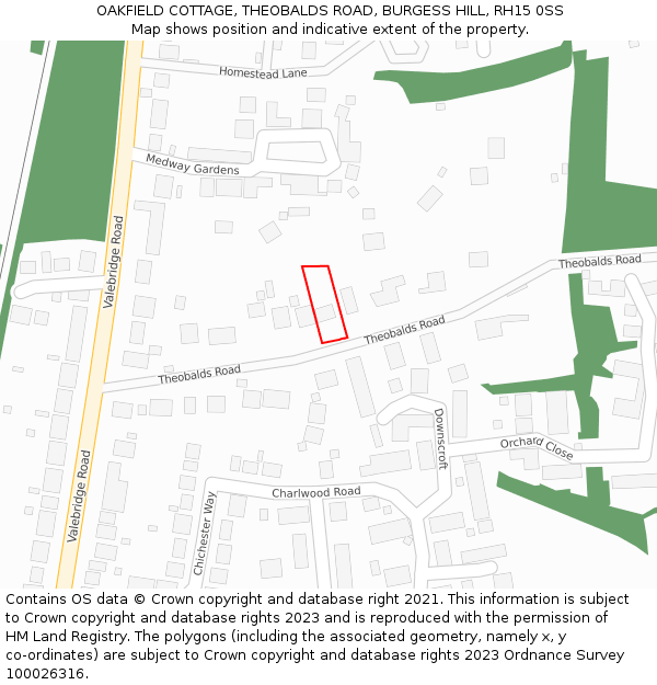 OAKFIELD COTTAGE, THEOBALDS ROAD, BURGESS HILL, RH15 0SS: Location map and indicative extent of plot