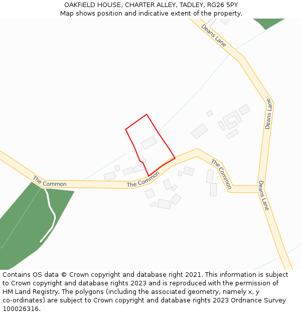 OAKFIELD HOUSE, CHARTER ALLEY, TADLEY, RG26 5PY: Location map and indicative extent of plot