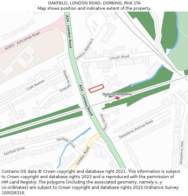 OAKFIELD, LONDON ROAD, DORKING, RH4 1TA: Location map and indicative extent of plot