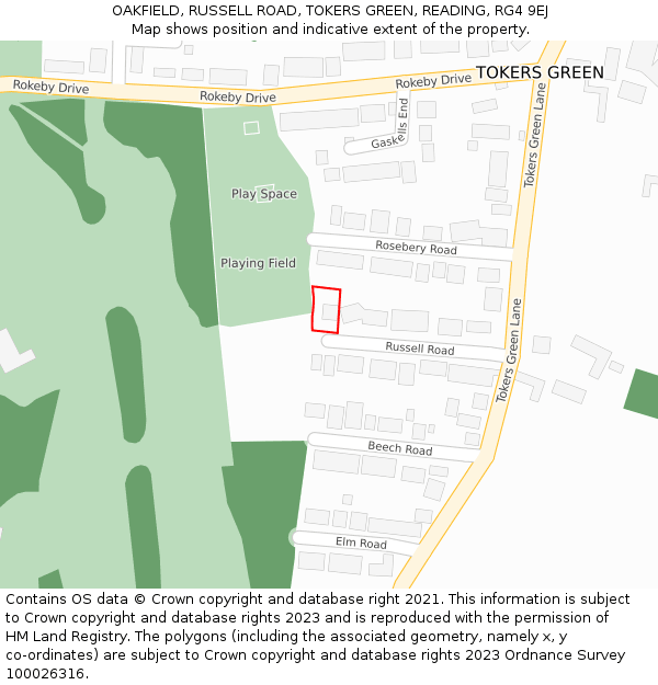 OAKFIELD, RUSSELL ROAD, TOKERS GREEN, READING, RG4 9EJ: Location map and indicative extent of plot