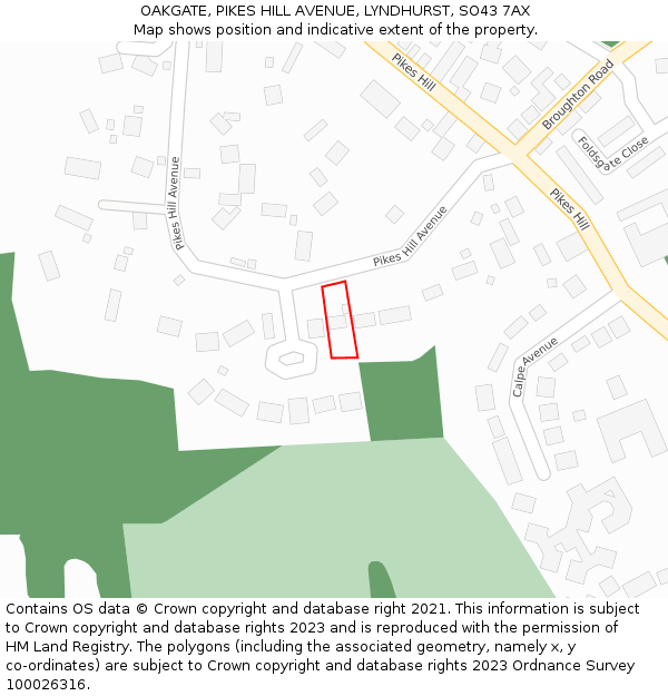 OAKGATE, PIKES HILL AVENUE, LYNDHURST, SO43 7AX: Location map and indicative extent of plot
