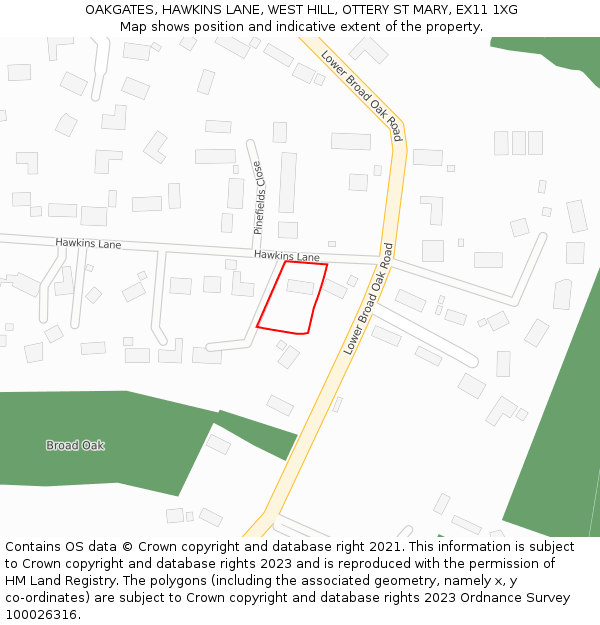 OAKGATES, HAWKINS LANE, WEST HILL, OTTERY ST MARY, EX11 1XG: Location map and indicative extent of plot