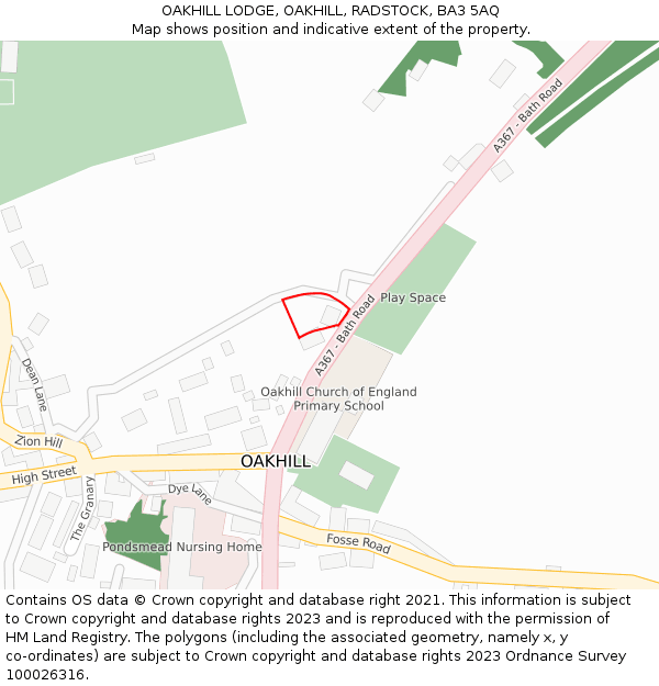 OAKHILL LODGE, OAKHILL, RADSTOCK, BA3 5AQ: Location map and indicative extent of plot