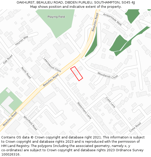 OAKHURST, BEAULIEU ROAD, DIBDEN PURLIEU, SOUTHAMPTON, SO45 4JJ: Location map and indicative extent of plot