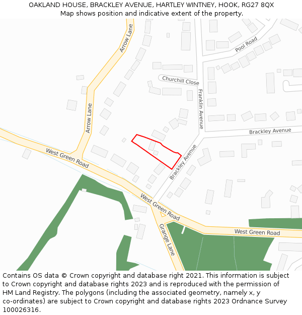 OAKLAND HOUSE, BRACKLEY AVENUE, HARTLEY WINTNEY, HOOK, RG27 8QX: Location map and indicative extent of plot