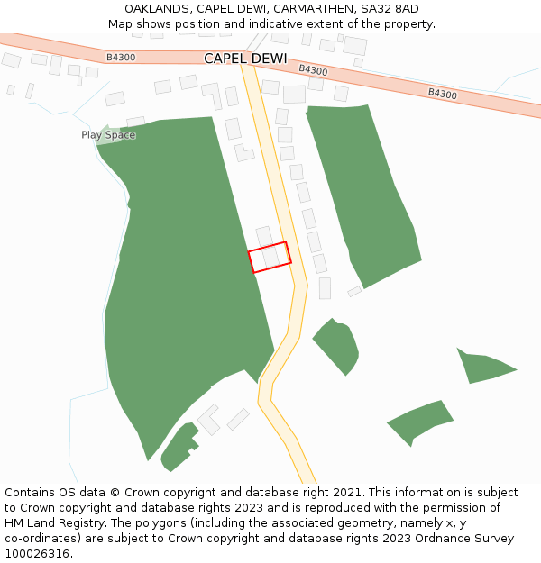 OAKLANDS, CAPEL DEWI, CARMARTHEN, SA32 8AD: Location map and indicative extent of plot