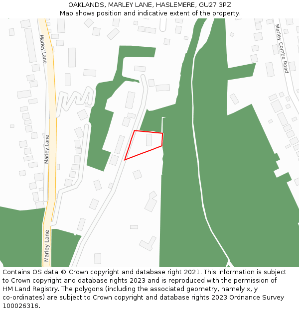 OAKLANDS, MARLEY LANE, HASLEMERE, GU27 3PZ: Location map and indicative extent of plot