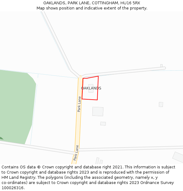 OAKLANDS, PARK LANE, COTTINGHAM, HU16 5RX: Location map and indicative extent of plot