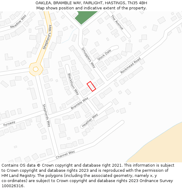 OAKLEA, BRAMBLE WAY, FAIRLIGHT, HASTINGS, TN35 4BH: Location map and indicative extent of plot