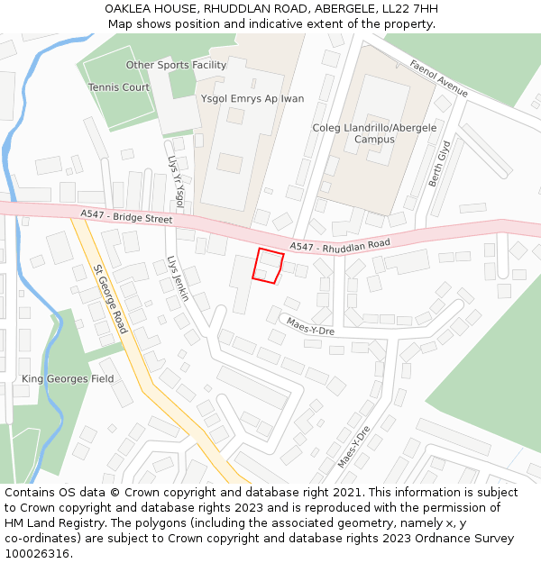 OAKLEA HOUSE, RHUDDLAN ROAD, ABERGELE, LL22 7HH: Location map and indicative extent of plot